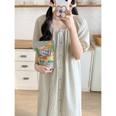 批发实拍实价 韩系条纹简约舒适睡衣套<b class='q'>装</b>休闲宽松慵懒睡裙家居服