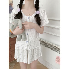 批发实拍实价 韩版夏装新款爱心针织木耳边腰短袖短裤套装家居服睡衣