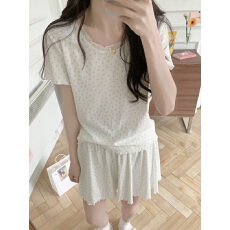 批发实拍实价 夏装新款蝴蝶结<b class='q'>印花</b>针织花边短袖短裤<b class='q'>套装</b>