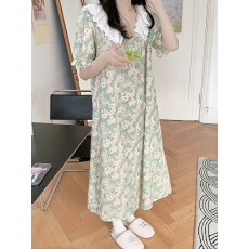 实拍实价  韩系简约舒适花边睡衣休闲宽松慵懒睡裙家居服