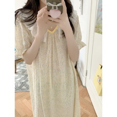 实拍实价 韩系简约舒适花边睡衣休闲宽松慵懒睡裙家居服