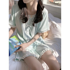 批发实拍实价睡衣女士新款夏季针织<b class='q'>糖果</b>色蝴蝶结家居服短袖花边领套装