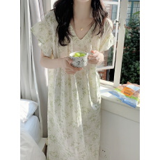 批发实拍实价 <b class='q'>夏</b>装新款花朵V领喇叭袖短袖连衣裙睡裙家居服