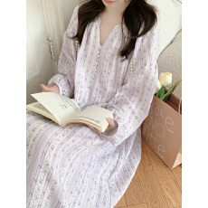 批发实拍实价新款双层纱碎花珍珠扣宽松花边长袖睡裙家居服