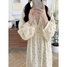 批发实拍实价 秋<b class='q'>冬</b>新款双层纱花朵珍珠扣家居服睡裙