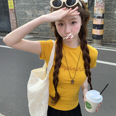 批发实拍1*1螺纹210克短袖t恤女夏2025新款短款修身烫钻圆领韩版上衣
