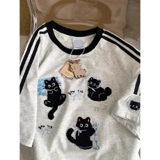 批发官图纯棉短袖<b class='q'>t</b><b class='q'>恤</b>夏2026新款刺绣花复古条纹修身正肩圆领上衣女装