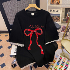 批发实拍32支双纱纯棉短袖t恤夏2026新款中长刺绣花圆领上衣韩版女装