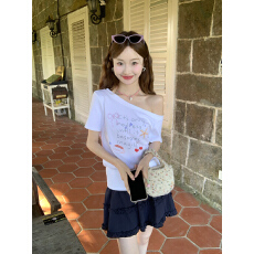 批发实拍纯棉螺纹短袖t恤夏2026新款潮印花短款修身露肩斜领上衣<b class='q'>女装</b>