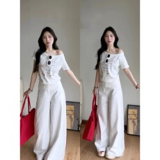 批发官图纯棉螺纹短袖t恤夏2026新款潮印花短款修身露肩斜领上衣<b class='q'>女装</b>