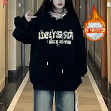 批发官图实价大码<b class='q'>女装</b>卫衣秋冬加绒加厚潮刺绣花中长宽松连帽保暖上衣