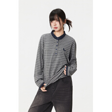 批发<b class='q'>实拍</b>长袖t恤打底衫女薄款2026春秋新款美式条纹宽松亨利衫领上衣