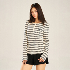 批发官图实价条纹长袖t恤打底衫女薄款秋季<b class='q'>新款</b>刺绣短款修身圆领上衣