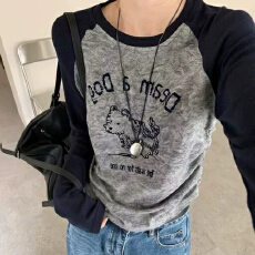 批发官图260克人棉长袖t恤打底衫女薄款秋新款<b class='q'>短款</b>修身插肩袖圆领上衣