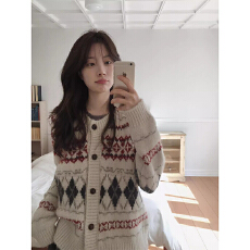 批发官图实价绵羊绒毛衣女装秋冬新款复古提花开衫外套圆领保暖针织衫