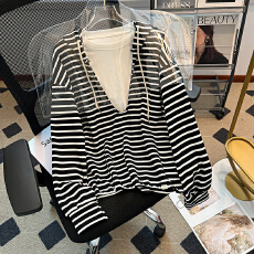 批发<b class='q'>实拍</b><b class='q'>大码</b><b class='q'>女装</b>卫衣秋季薄款2025潮新款假两件条纹连帽宽松韩版上衣