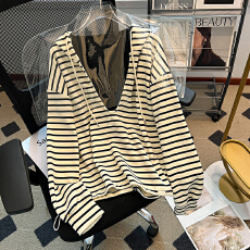 批发<b class='q'>实拍</b><b class='q'>大码</b><b class='q'>女装</b>卫衣秋季薄款2025潮新款假两件条纹连帽宽松韩版上衣