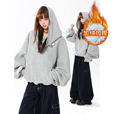 官图加绒卫衣女冬季新款设计感宽松徽章拉链开衫外套保暖韩版上衣