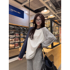 批发实拍纯棉<b class='q'>长袖</b><b class='q'>t</b><b class='q'>恤</b>打底衫女薄款条纹插肩袖潮春秋新款宽松圆领上衣