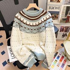 批发实拍特价绵羊绒<b class='q'>针织衫</b>宽松撞色提花<b class='q'>打底衫</b>女秋冬圆领保暖毛衣上衣