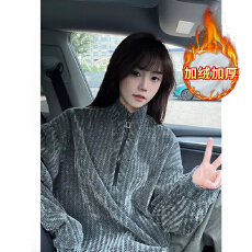 批发官图潮牌卫衣男秋冬加绒<b class='q'>新款</b>鱼骨纹拉链宽松立领保暖上衣韩版女装