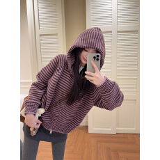 批发实拍特价北极绒长袖上衣针织衫女冬条纹拉链开衫外套连帽保暖毛衣