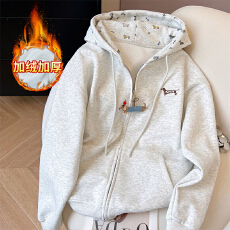 批发官图加绒<b class='q'>情侣</b><b class='q'>卫衣</b>女拉链开衫外套秋冬新款刺绣花宽松连帽保暖上衣