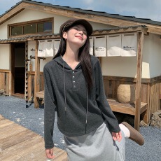 实拍280克糯米绒长袖t恤打底衫女薄款潮春秋纯色新款宽松连帽上衣