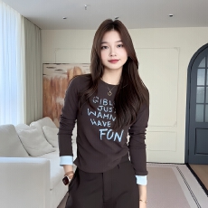 批发官图240克雪花羊绒长袖t恤打底衫<b class='q'>女</b>薄款春秋撞色新款宽松圆领上衣