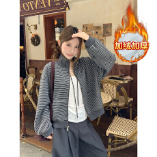 批发<b class='q'>实拍</b>特价加绒卫衣秋冬新款美式条纹拉链开衫<b class='q'>外套</b>立领保暖上衣女装