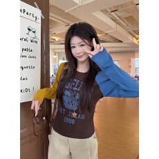 批发实拍特价插肩袖潮长袖t恤打底衫女薄款春秋撞色新款修身圆领上衣