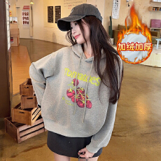 批发实拍加绒卫衣女秋冬季新款短款潮设计感宽松卡通印花连帽保暖上衣