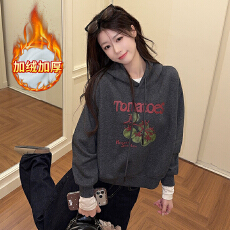 批发实拍加绒卫衣女秋冬季新款短款<b class='q'>潮</b>设计感宽松卡通印花连帽保暖上衣