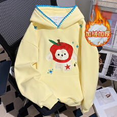 批发实拍加绒<b class='q'>卫衣</b>女秋冬新款潮中长宽松设计感卡通刺绣花宽松保暖上衣