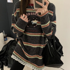 批发280克<b class='q'>兔毛</b>绒长袖t恤打底衫女装蕾丝美式条纹春秋圆领上衣