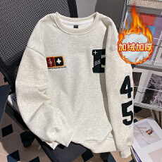 批发实拍特价<b class='q'>大码</b><b class='q'>女装</b>男卫衣加绒秋冬新款中长宽松刺绣花圆领保暖上衣