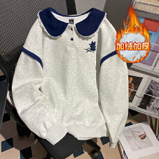 实拍特价加绒卫衣秋冬新款初中生学生中长宽松刺绣娃娃领保暖上衣