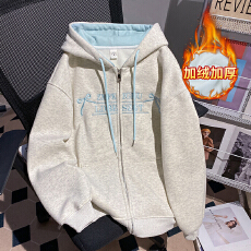 实拍特价卫衣秋冬加绒新款拉链开衫外套刺绣宽松连帽保暖上衣女装