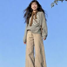 批发绵羊绒针织衫设计感简约打底上衣女秋冬提花圆领保暖毛衣