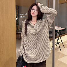 批发实拍特价280克兔毛双面长袖t恤打底衫女装薄美式条纹春秋连帽上衣