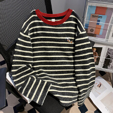 批发实拍特价280克兔毛条纹长袖t恤打底衫女装春秋薄款刺绣花圆领上衣