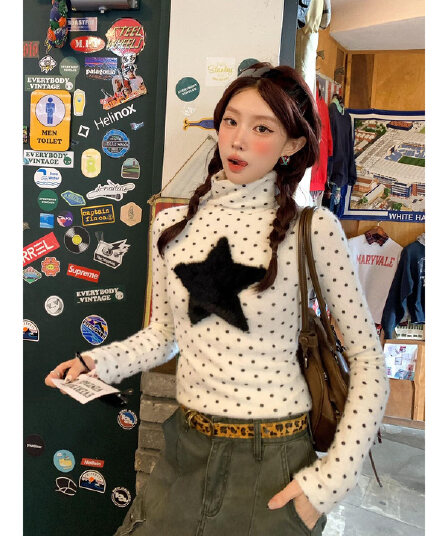 250그램 원본 긴팔 티셔츠 기본 셔츠 여성 도트 무늬 자수 얇은 스타일 봄 가을 새로운 터틀넥 맨위