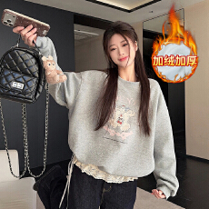 纯棉华棉复合真超加绒秋冬新款蕾丝花边宽松圆领保暖上衣