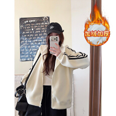 批发实拍特价加绒卫衣<b class='q'>女装</b>秋冬新款宽松条纹拉链开衫<b class='q'>外套</b>连帽保暖上衣