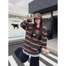 批发实拍特价280克<b class='q'>兔毛</b>绒长袖t恤打底衫女装蕾丝美式条纹春秋圆领上衣