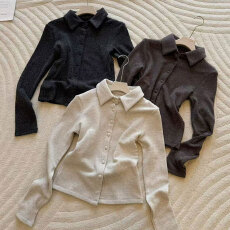 批发官图特价310克山<b class='q'>羊绒</b>长袖t恤打底衫女春秋纯色开衫新款衬衫领上衣