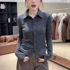 批发官图特价310克山<b class='q'>羊绒</b>长袖t恤打底衫女春秋纯色<b class='q'>开衫</b>新款衬衫领上衣