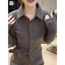 批发官图特价310克山<b class='q'>羊绒</b>长袖t恤打底衫女春秋纯色开衫新款衬衫领上衣