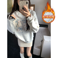 批发实拍特价加绒卫衣秋冬潮新款宽松假两件刺绣花蝴蝶结圆领保暖上衣