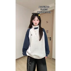 卫衣男女情侣装春秋新款薄款插肩袖刺绣宽松按扣高领上衣